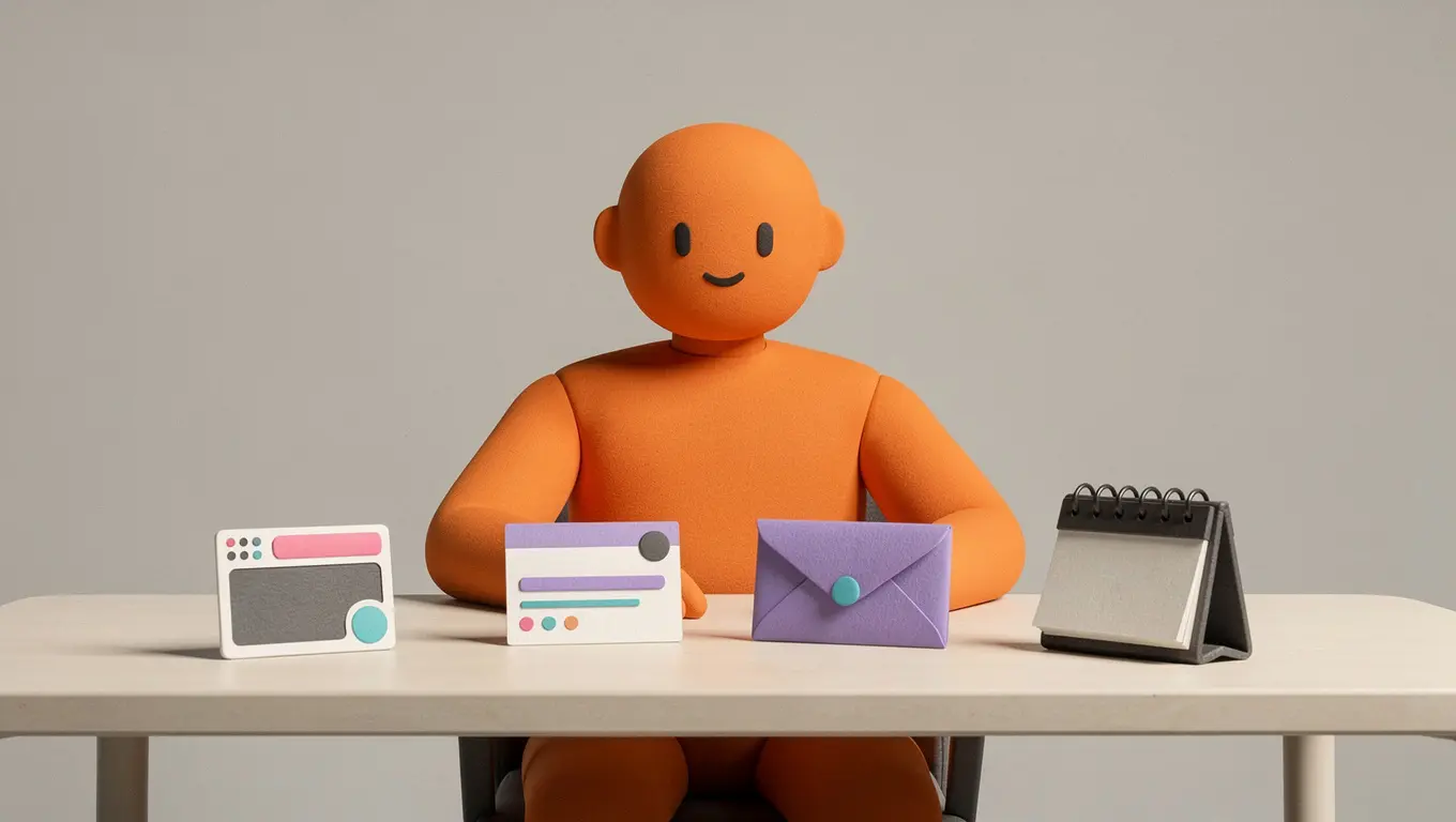 A friendly orange assistant arranging marketing content, an envelope and a calendar