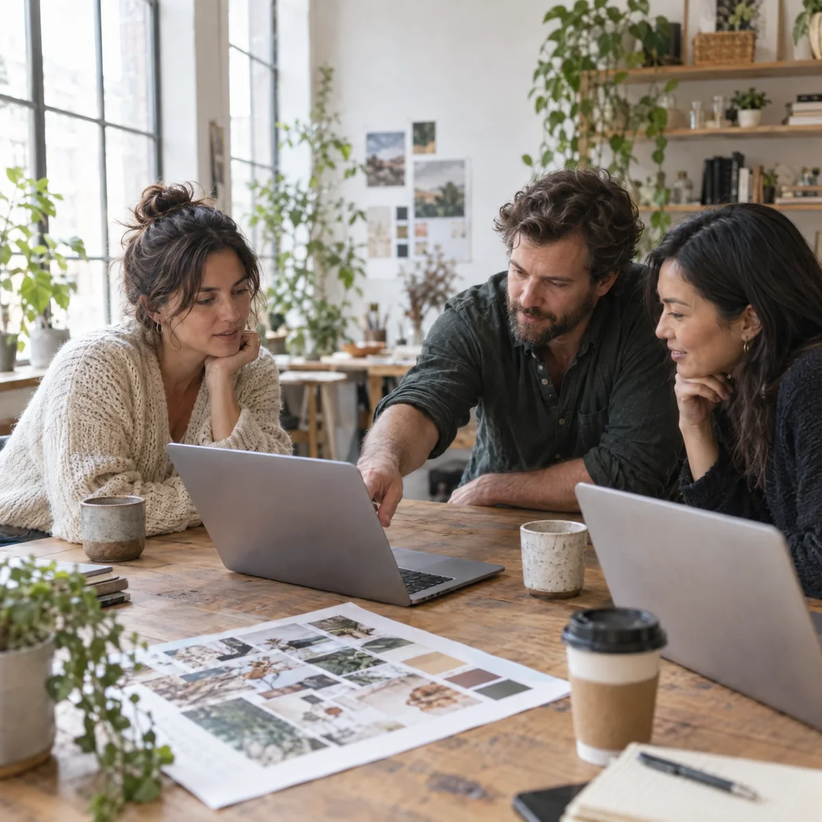 A small team at work in a bright studio