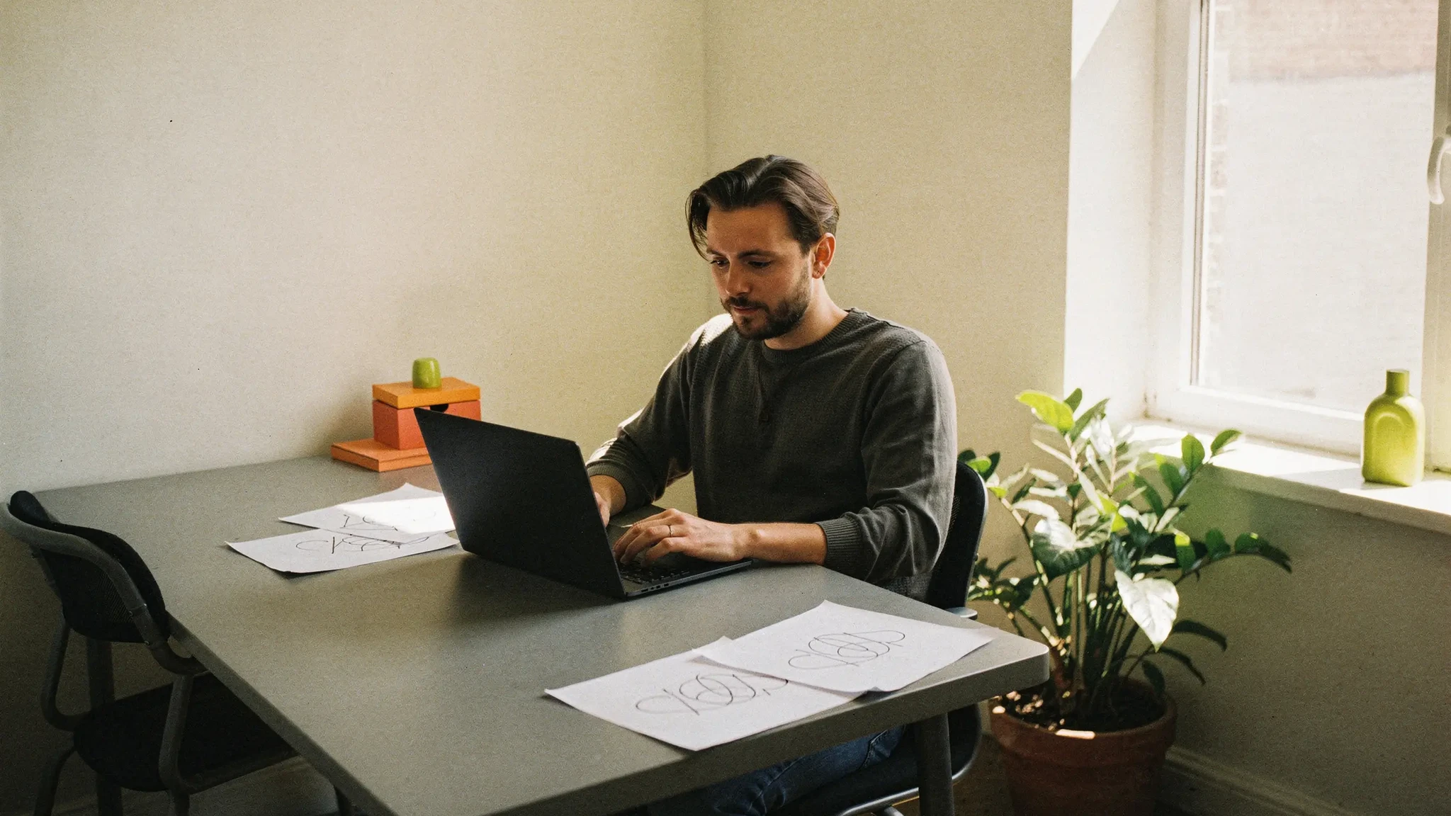 An independent agency owner working in a bright creative studio
