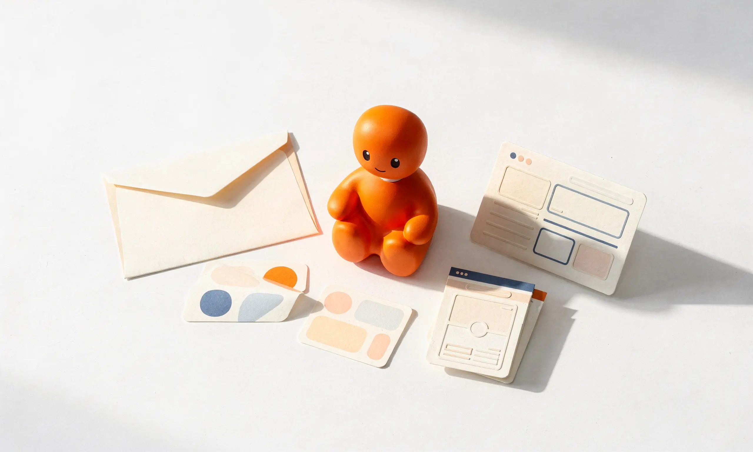 An orange AI assistant organizing an envelope, calendar and marketing content on a bright studio desk