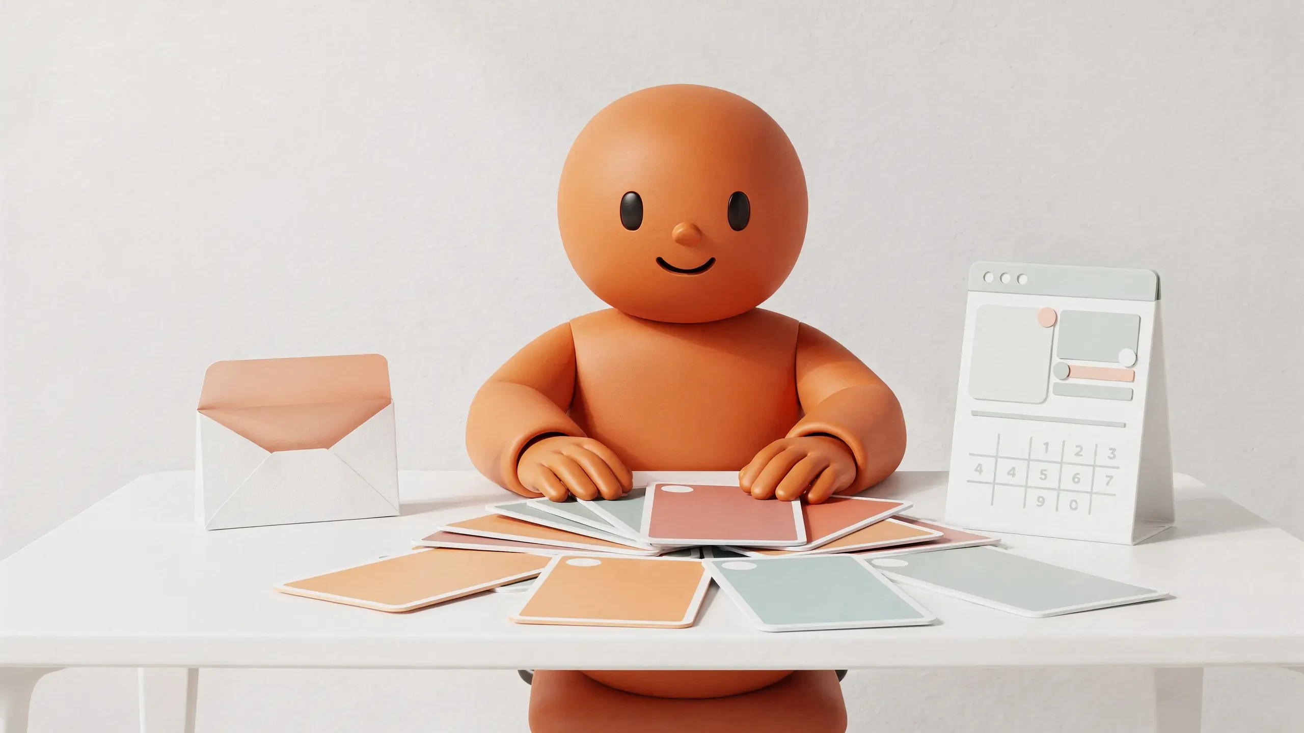 An orange AI assistant organizing an envelope, calendar and marketing content on a bright studio desk
