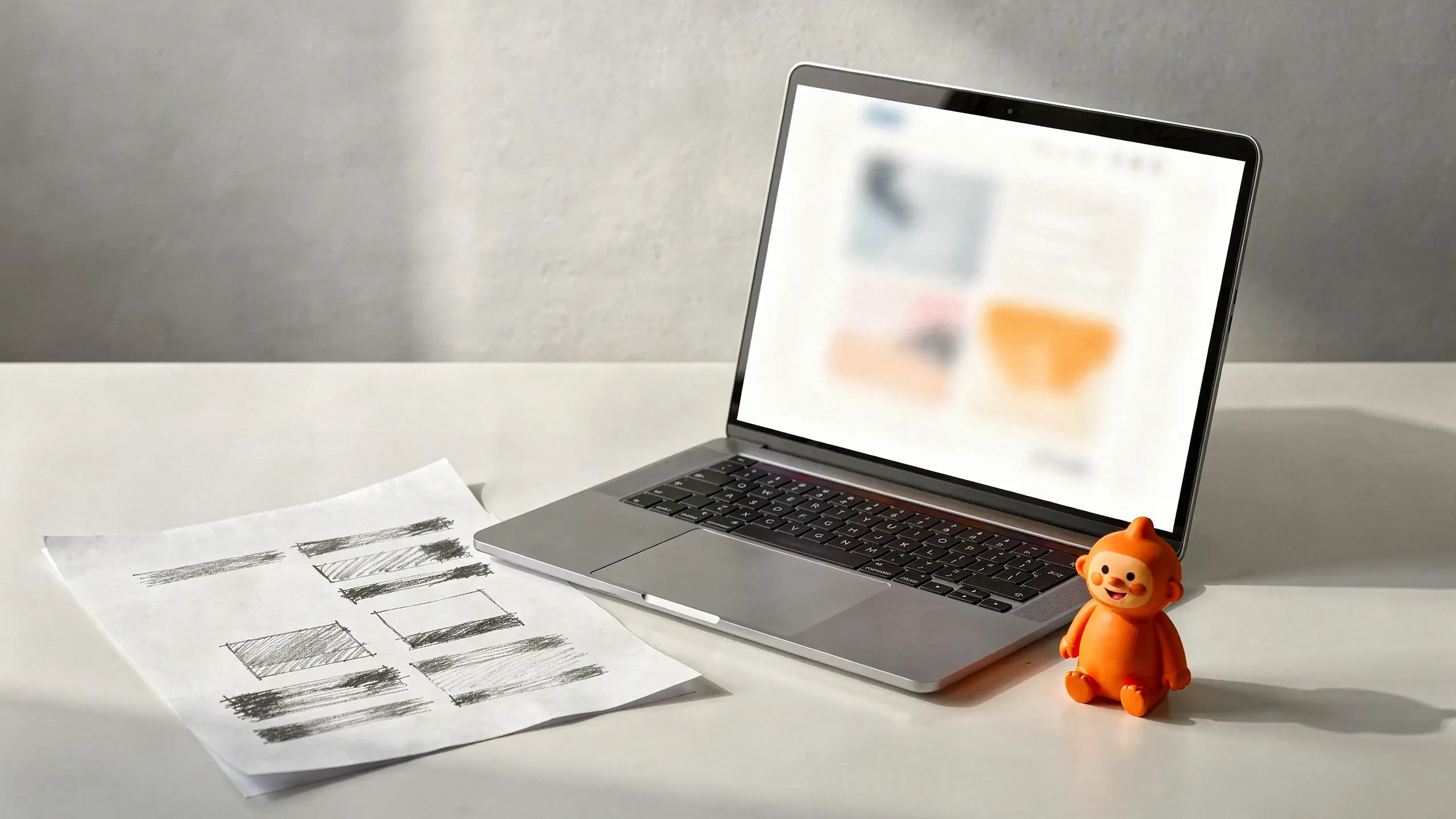 An orange assistant beside a laptop and website sketches on a bright studio desk