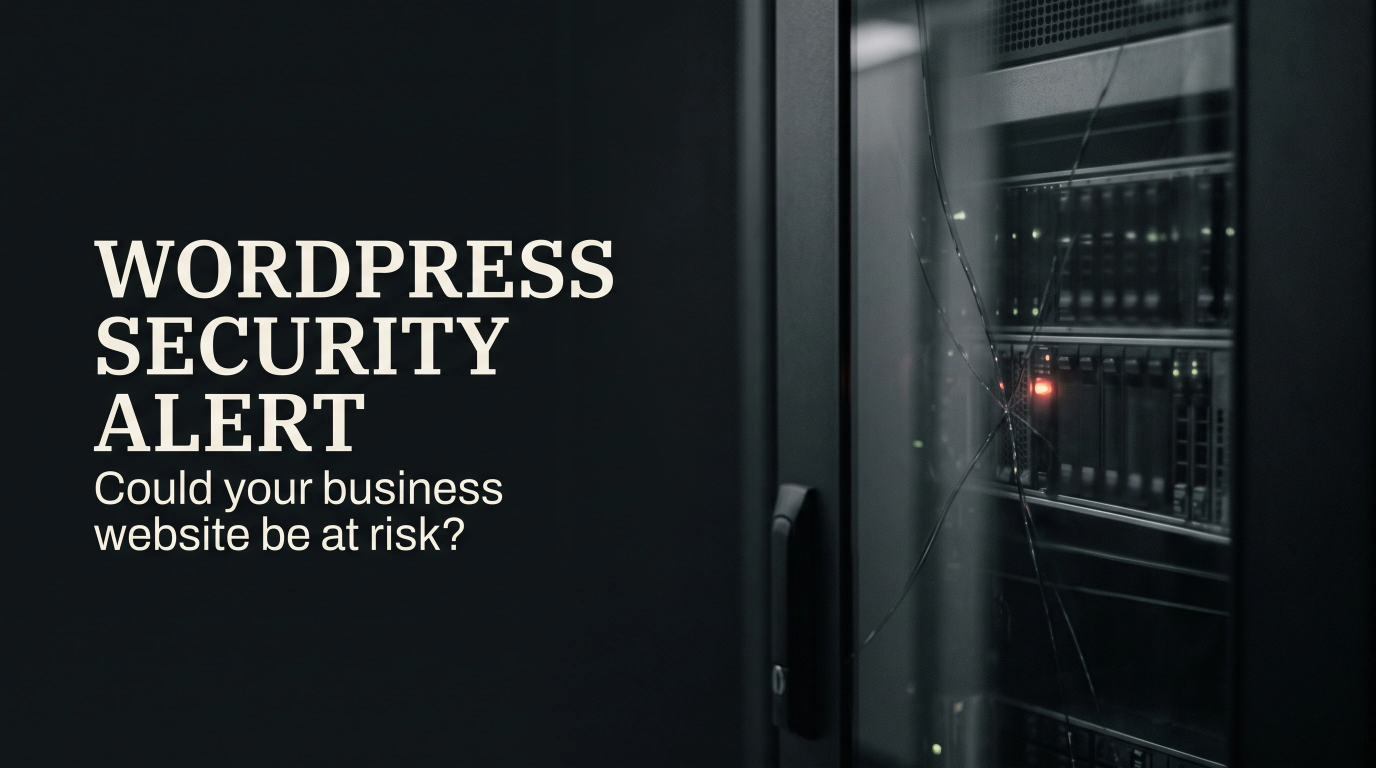 News-style cover with the headline “WORDPRESS SECURITY ALERT” and the question “Could your business website be at risk?” over a dark, cracked-glass server room.